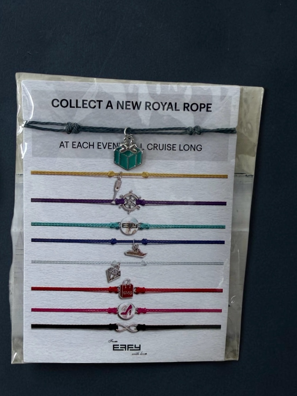 EFFY ROYAL ROPE BRACELET: GRAY PULL WITH TEAL/SILVER GIFT CHARM